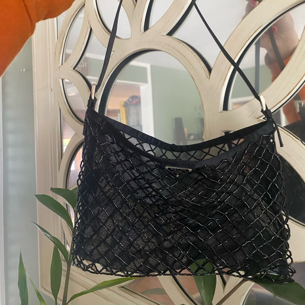Rare Collectors Vintage Prada black beaded silk chiffon mini bag